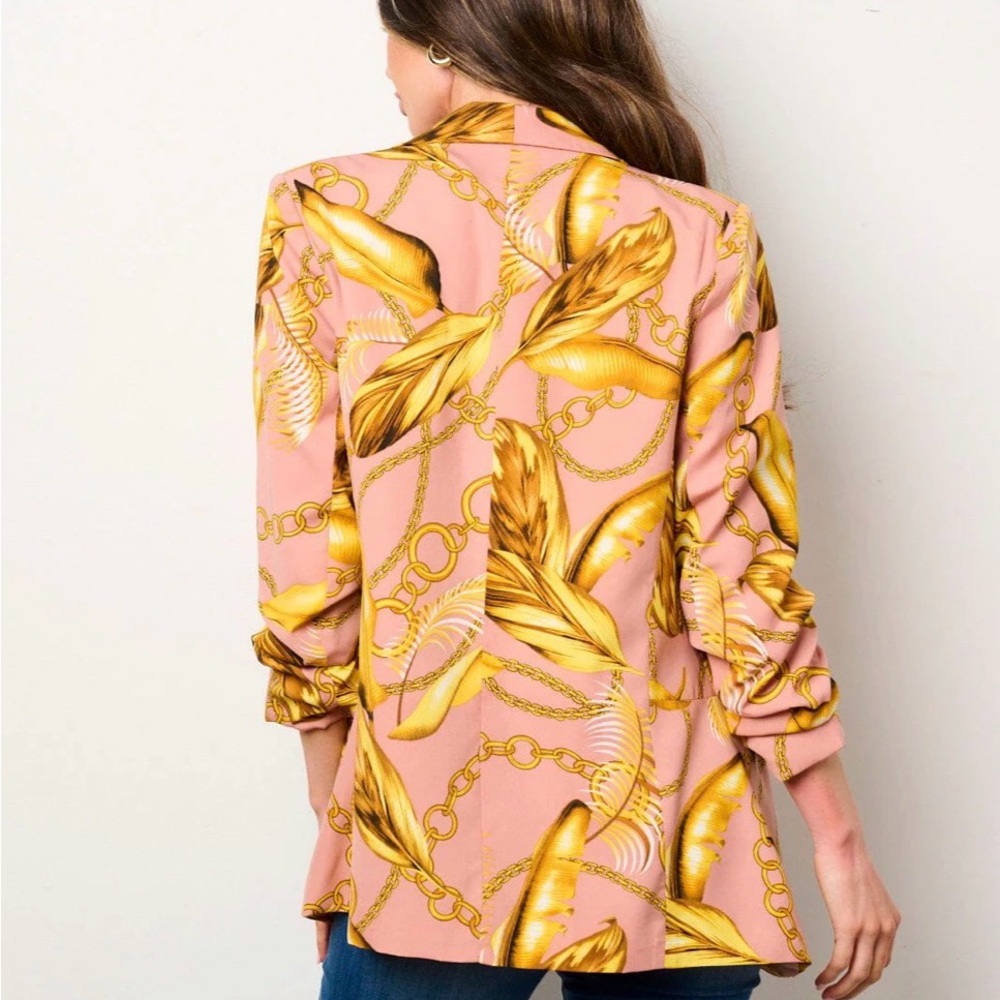 WOMEN'S 3/4 RUCHED SLEEVES OPEN FRONT
POCKETS PRINTED BLAZER - Picture 3 of 3